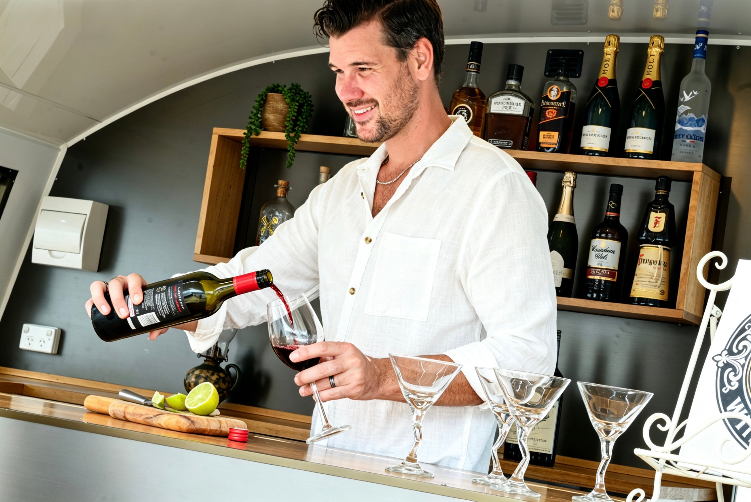 Bar man pouring wine in a mobile bar hire van