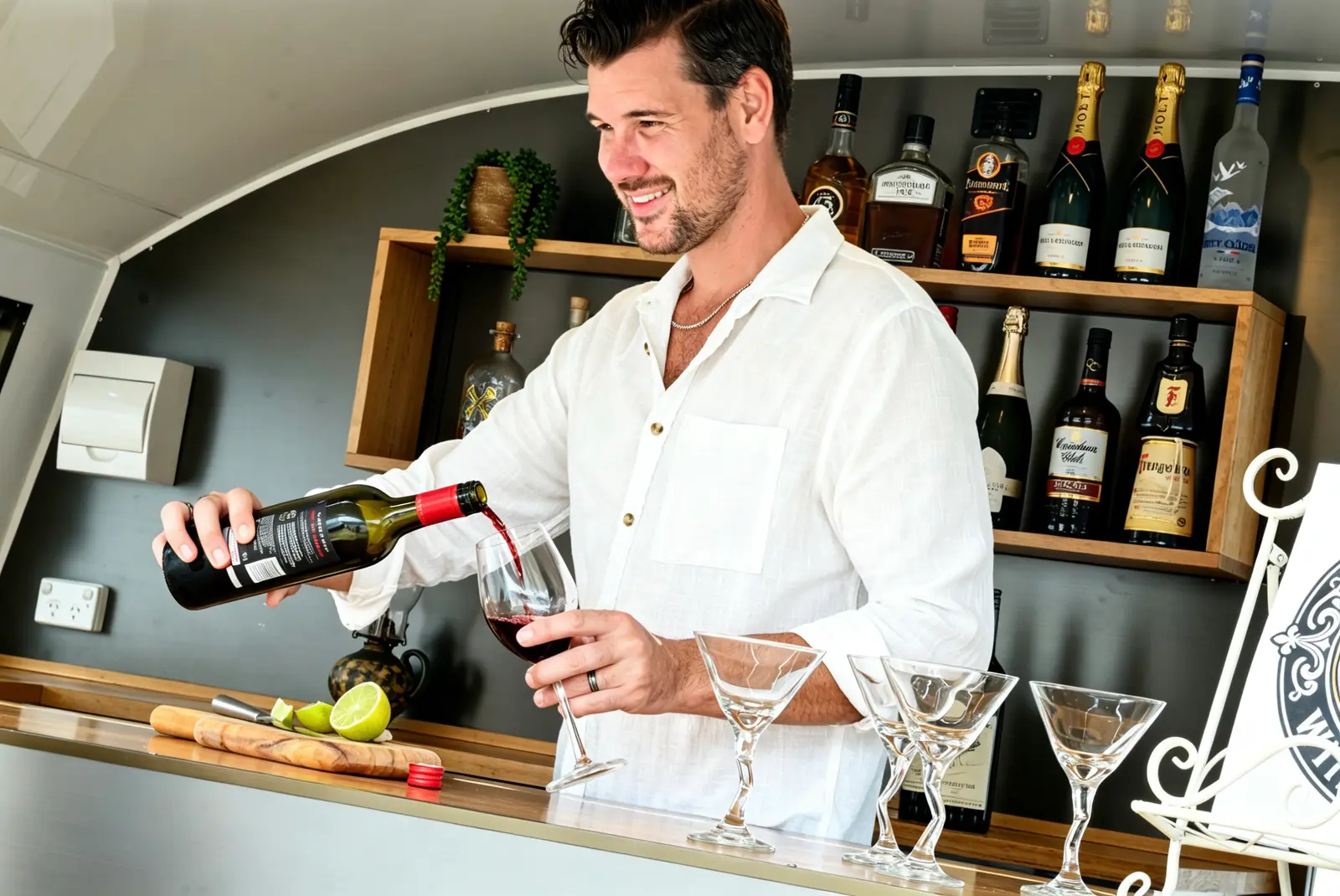 Bartender Reagan pouring red wine behind the vintage bar