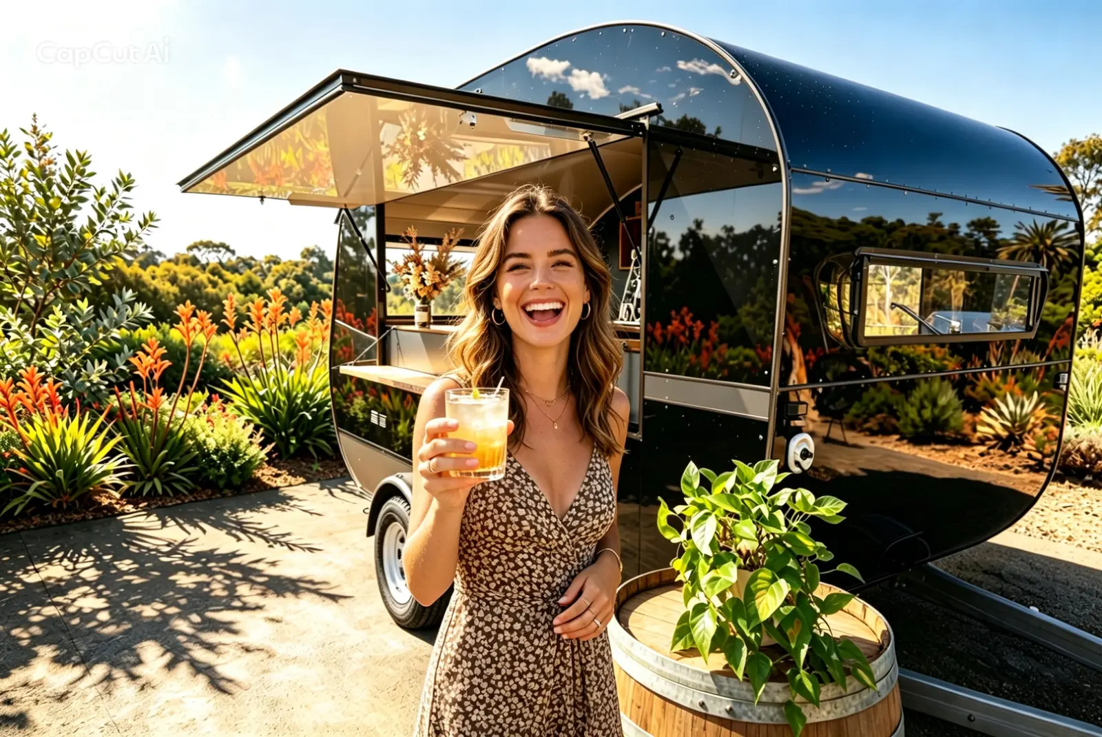 Smiling guest holding a cocktail beside the mobile bar at a garden party