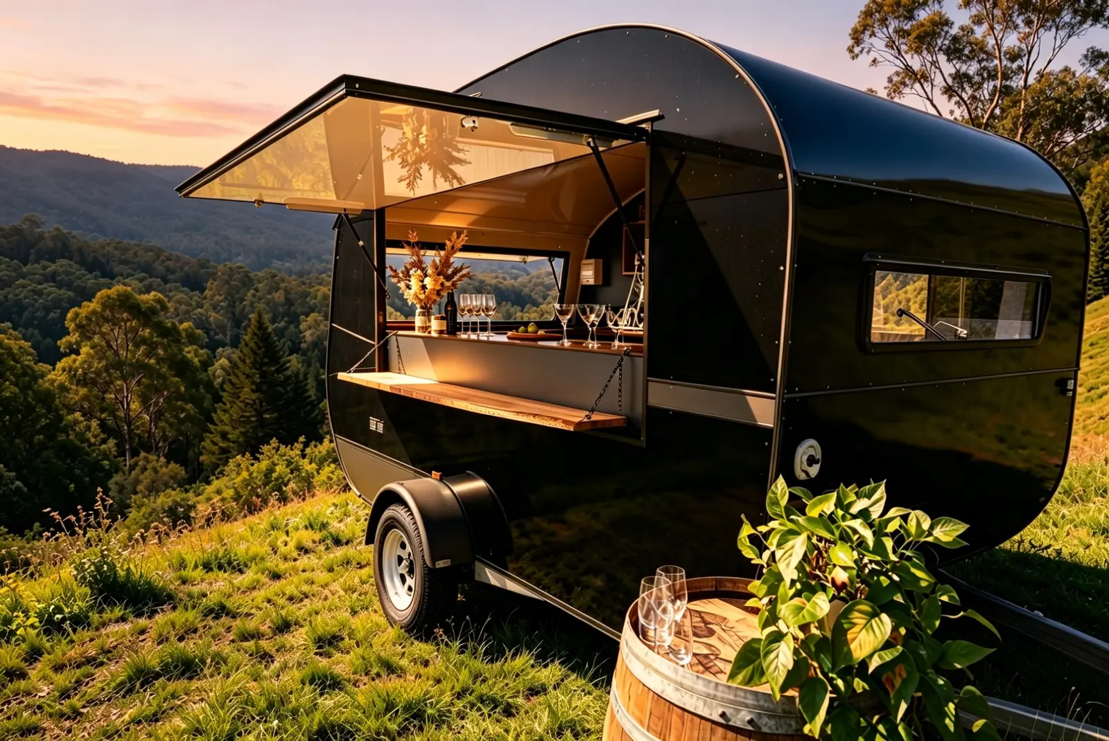 Black vintage bar van with timber bar top on a hill at golden hour
