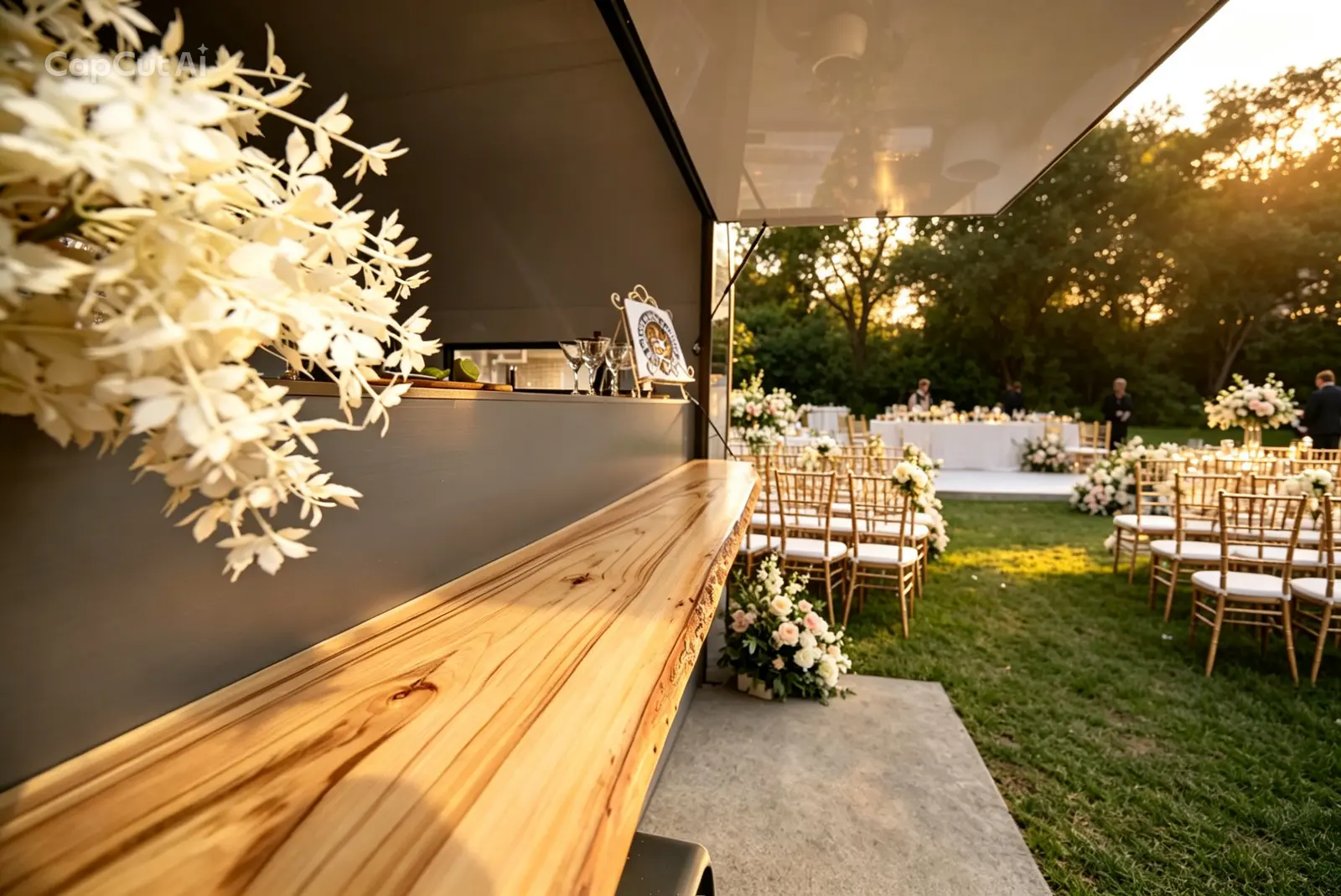 Timber bar top decorated with white florals set up for an outdoor wedding reception