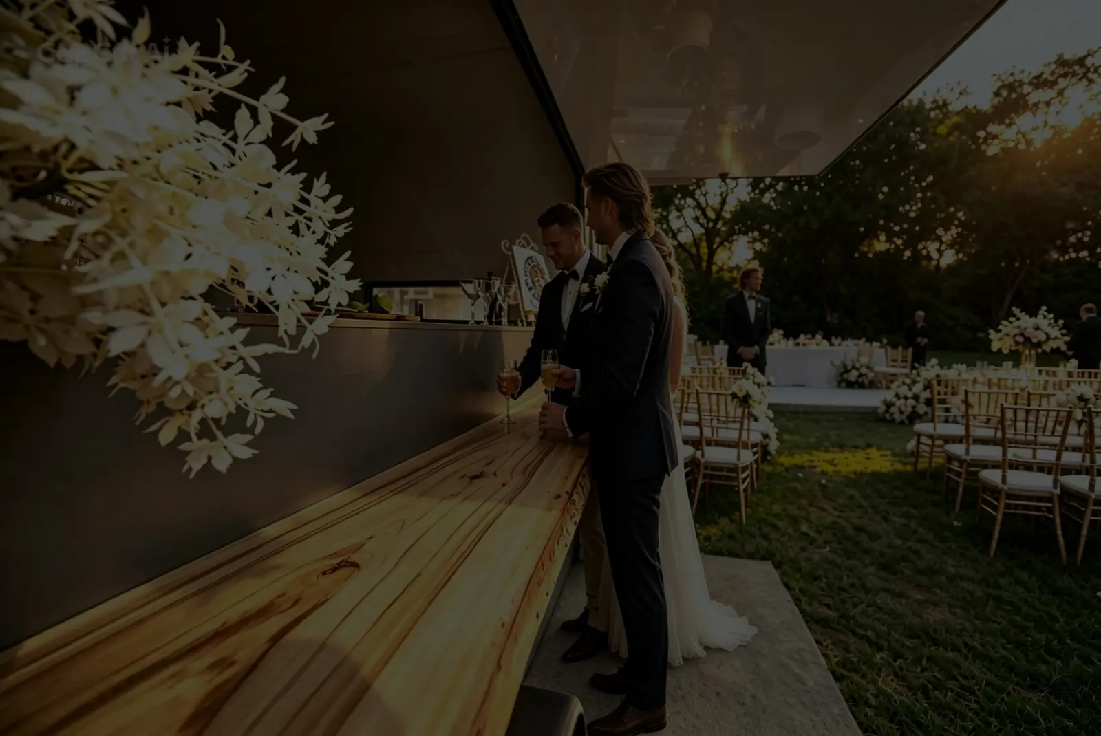 Newlyweds enjoying a drink at the mobile bar window