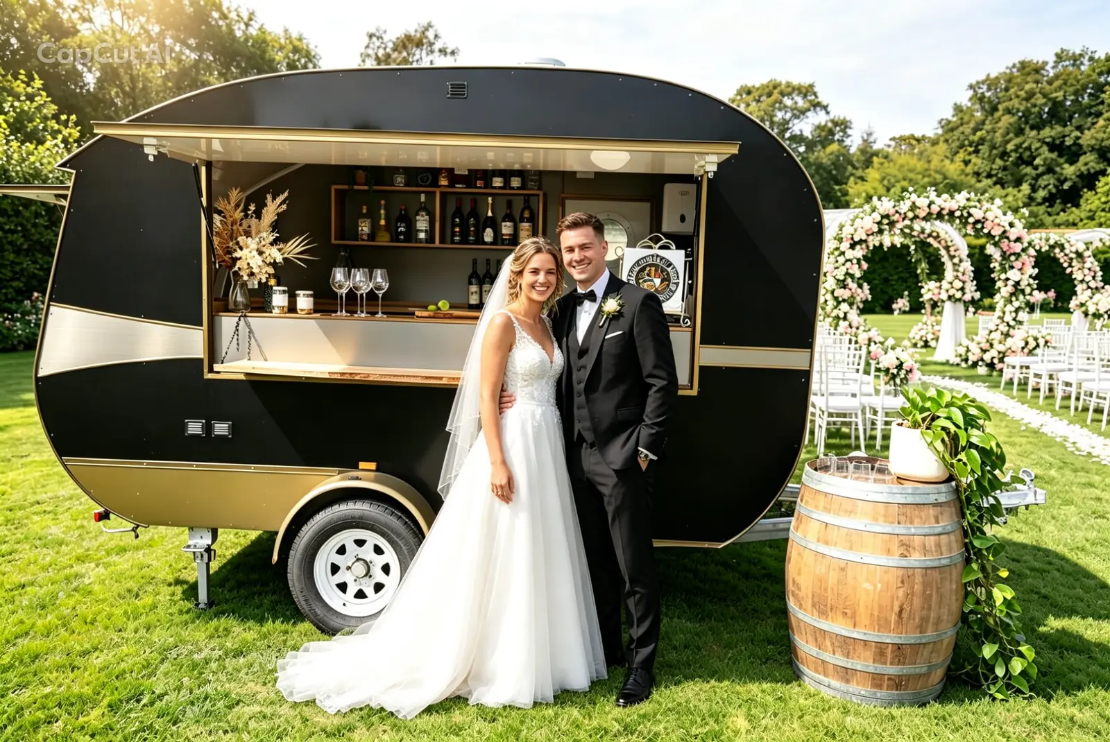 Bride and groom standing beside the Whiskey N Wine mobile bar at an outdoor wedding