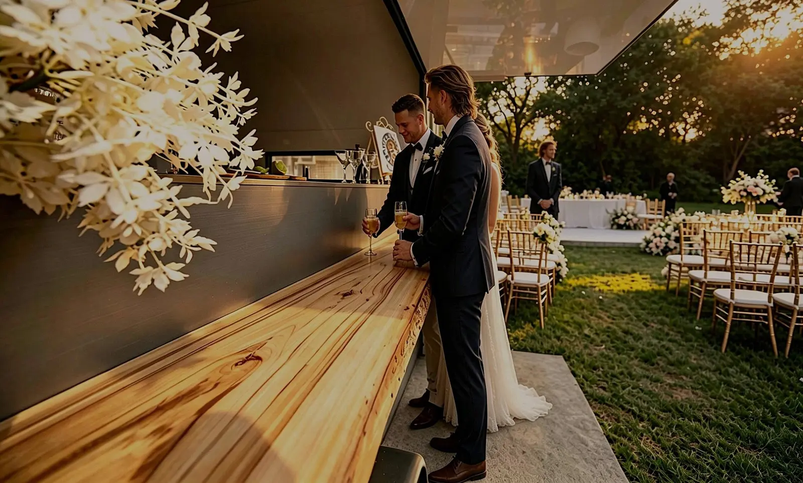 Bride and groom with a guest enjoying drinks at the timber bar of the mobile bar van at a sunset garden wedding